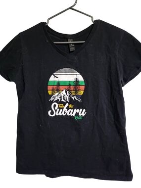 Womans Black V-Neck Tee with Subaru Retro Mountain Graphic